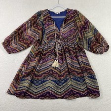 Umgee Baby Doll Mini Dress Womens Size L Tassel Neck Boho Lined Multicolor.
