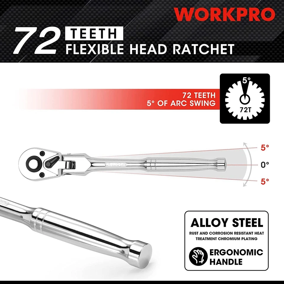 WORKPRO 1/2" Drive Flex Head Ratchet 72-Tooth Ratchet Flex Head 5 Degree Swing - Image 4 of 4