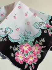 Beautiful New Black Floral Handkerchief ~ Darling Polka Dot Ribbon LuRay Hankie!