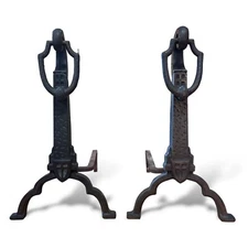 Antique Cast Iron Arts and Crafts Style Andirons, Early 20th Century
