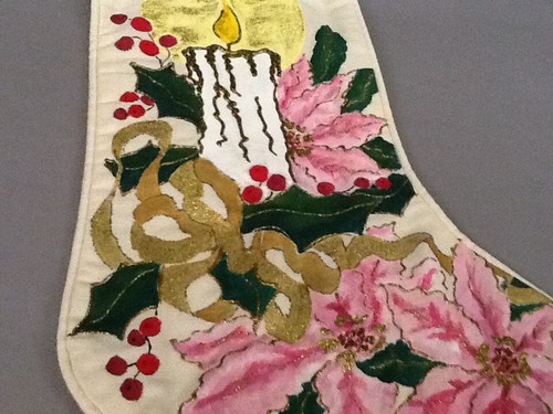 Finished .Handpainted, Handmade Stocking -19” -Candle, Pink Poinsettias -NP-7 - Picture 3 of 4