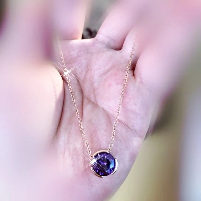 18K Rose Gold GF Made With Swarovski Crystal Round Cut Single Amethyst Necklace - Image 4 of 4