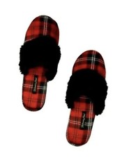 Victoria Secret Signature Satin Fur Trim Slippers Bag Size Large 9-10