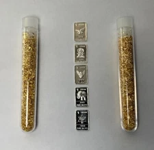 ✯ (5) PURE SILVER BARS 0.999 FINE + 2 GOLD FLAKE VIALS! ✯ Estate Lot Bullion ✯