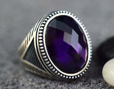 925 Sterling Silver Certified Handmade 9 Ct Amethyst Stone Valentines Mens Ring 