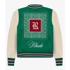 Rhude Green and Cream Varsity Jacket wool and real leather