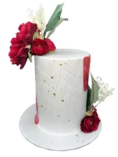 1 Tier Fake Cake Display - 8 Inch Tall, 6 Inches Tall Red and White with Flowers