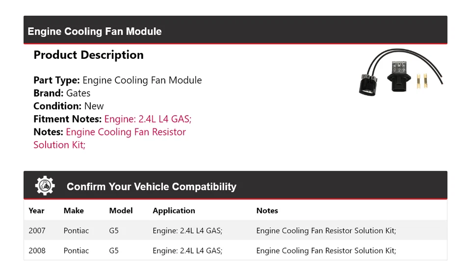 Para Pontiac G5 2007-2008 2,4 L L4 motor gas módulo ventilador puertas Foto 2 de 4