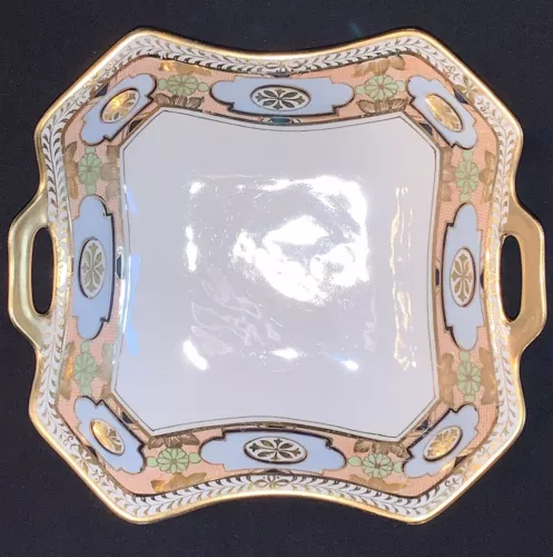 Art Deco 1911 Nippon Handled Square Dish Bowl, Blue Peach Mint Gold RC Japan