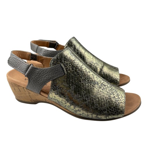 Vionic Women's Tatiana Sandals Size 10 Leather Wedge Metallic Snake Peep Toe - Picture 1 of 12