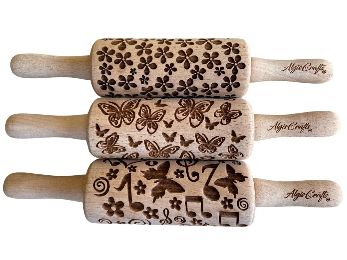 SUMMER 3 KID Rolling Pin SET. Wooden Laser Cut Mini Rolling Pins for cookies,...