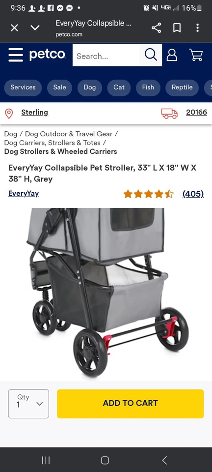 Everyyay(petco)Pet Stroller Dog & Cat Cage, 3-Wheel Folding Carrier - - Image 4 of 4