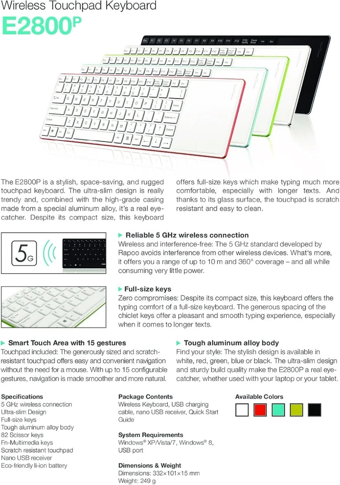 Rapoo E2800P QWERTY UK Wireless Keyboard With Touchpad For Windows Android Mac - Image 2 of 3