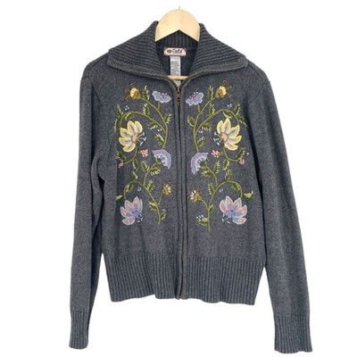 Vtg Tiara Cardigan Sweater Gray Floral Embroidered Full Zip Cottagecore Granny S