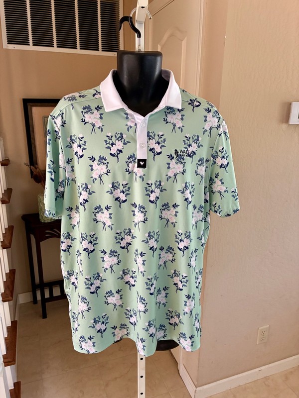 NWT Bad Birdie Core Polo Shirt Mint Green Floral Stretch UPF 50 Moisture Wick XL