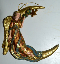 VTG CRESCENT MOON ANGEL ORNAMENT VICTORIAN GOLD 5" VGC