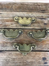 Set of 4 Vintage Brass Engraved Etched Drawer Pulls Handles 3x Large 1x Small