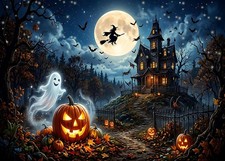 7x5ft Halloween Photography Backdrop Full Moon Scary Night Castle Pumpkins Party