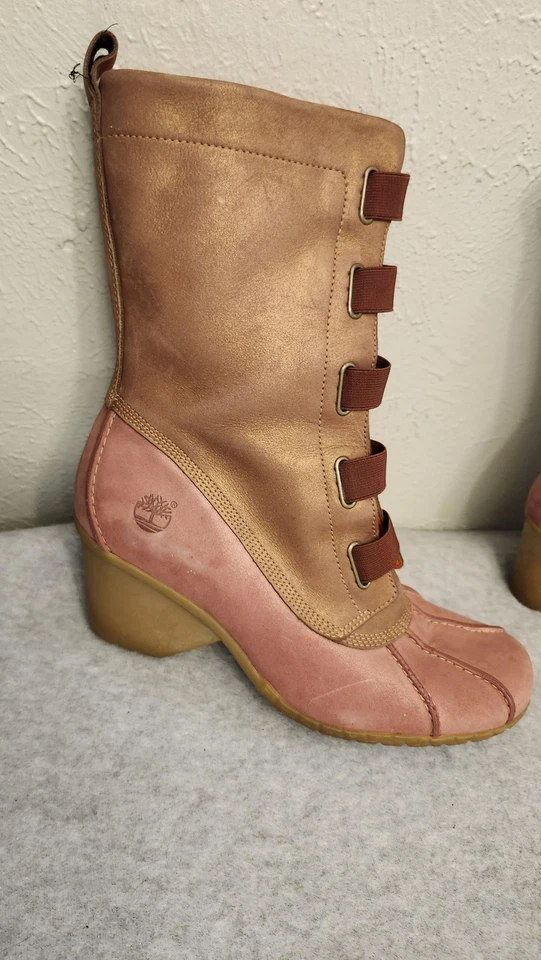 Timberland Botas de Cuero para Mujer Talla 9 Rosa Marrón Media Pantorrilla Cuña Cremallera Lateral Correa Foto 3 de 4