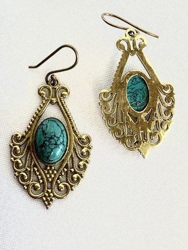 Ornate Green Turquoise Simulated Mixed Metal Dangle Earrings Copper & Brass 2” - Picture 3 of 3