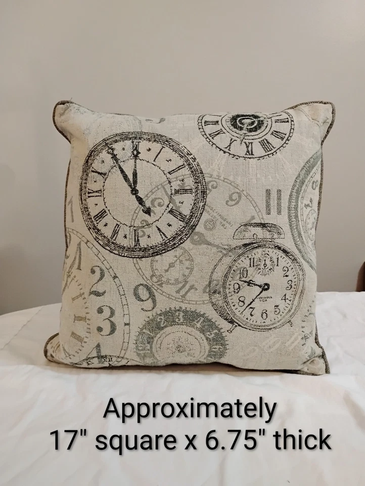 VTG Overstuffed Tweed Throw Pillows (2) with Clock Design & Plain Backs - Image 3 of 4