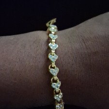 Gold Tone Heart Link Tennis Bracelet Clear Cr...