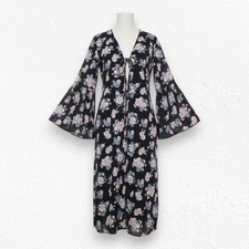 Band of Gypsies Pink Black Floral Bell Sleeve Boho Kimono Duster Size Large