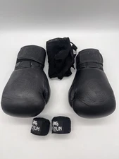 Superare Boxing Gloves & Hand Wraps Set - Black Leather - Hand Made - Size 15