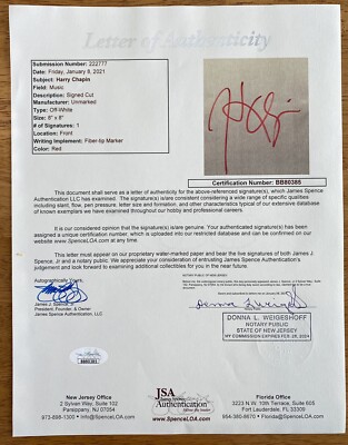 Harry Chapin Signed Autographed 8x8 Page Full JSA Letter Cats In