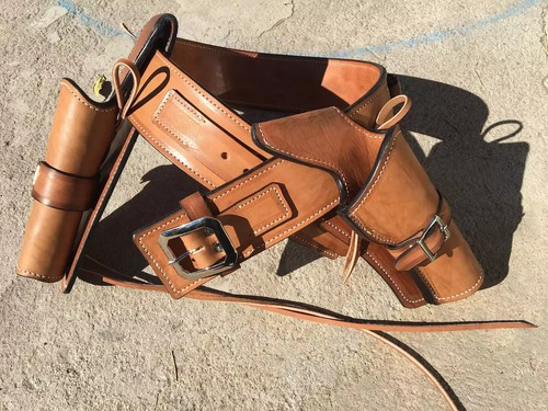 WESTERN LEATHER HOLSTER GUN BELT 44 / 45 TAN HAND MADE COWBOY REVOLVER PISTOL