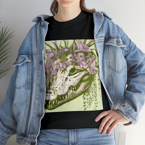 Vintage Style Nature T Shirt Unisex Adult Alligator Skull Floral Animal Art Tee - Picture 20 of 23