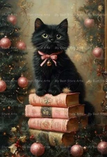 BLACK CAT CHRISTMAS ART PRINT, Library Holiday, Kitten Pink Decor Poster E516