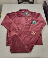 PUMA Tracksuit T7 Velour Jacket  Pants Set Small Men Maroon Gold Logo Full Zip