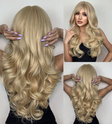 Blonde Layered Heat Resistant Hair Long Wavy Women Cosplay Party Wig With Bangs
