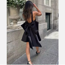 ZARA WOMAN BOW TRIM VOLUMINOUS SATIN EFFECT MINI DRESS BLACK M 3510/748 SS24 NWT