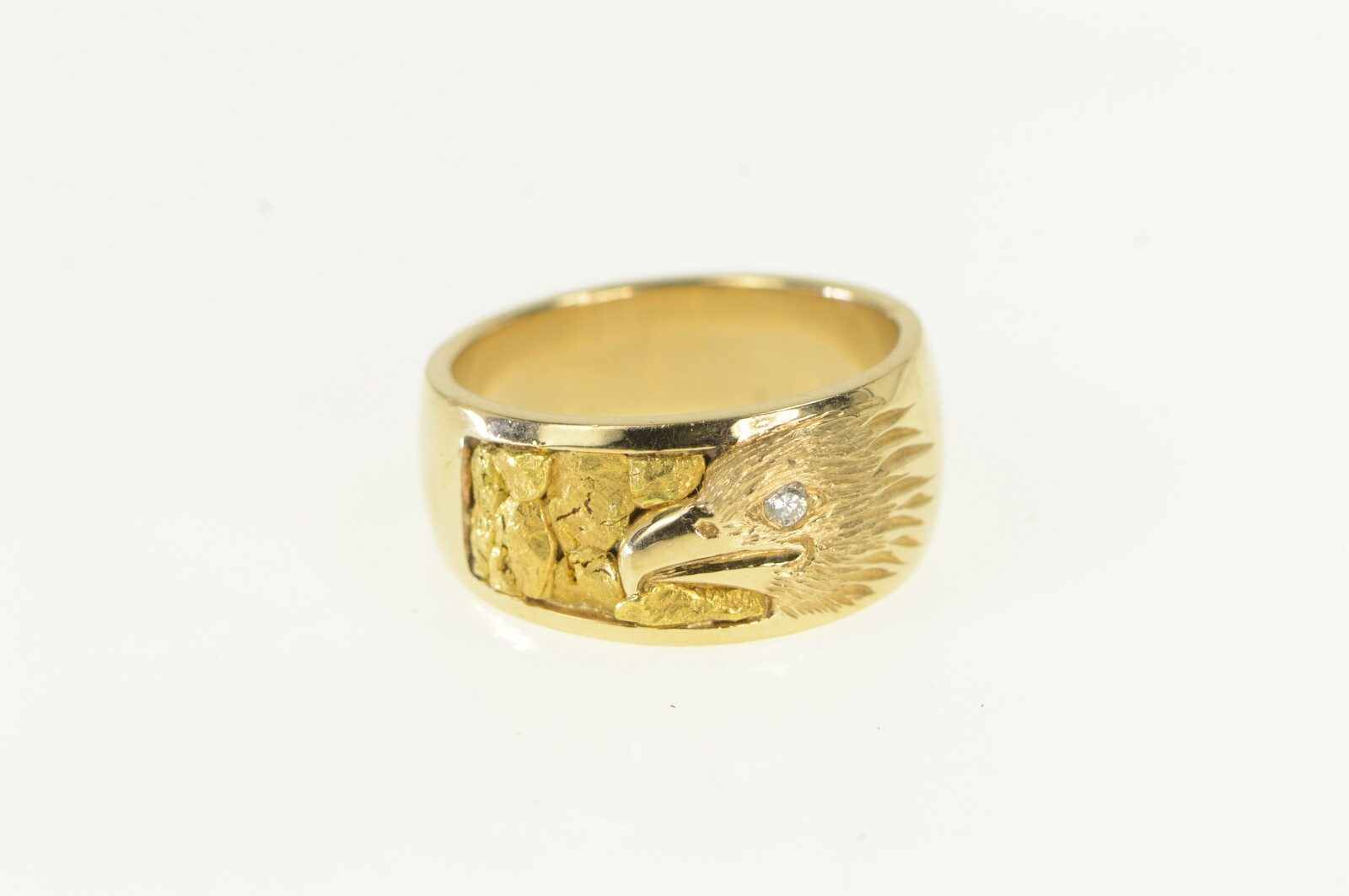 14K Diamond Eyed Eagle 24k Nugget Men's Ring Yellow G… Gem