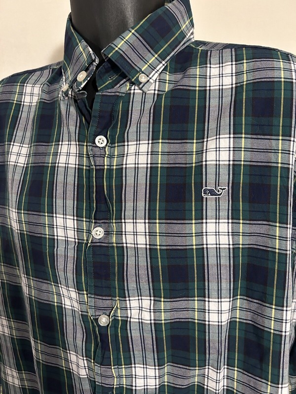 Vineyard Vines Whale Shirt Mens Extra Large Blue Green Plaid Long Sleeve Logo XL