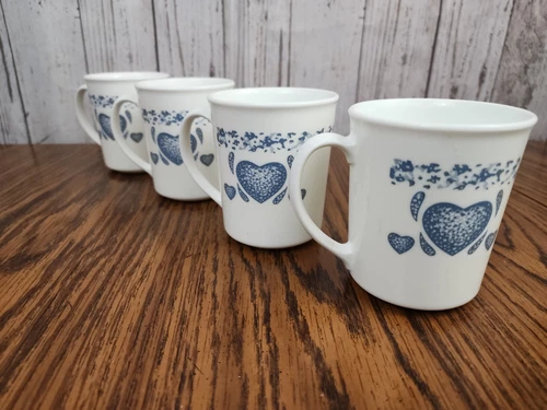 Corning Corelle Blue Heart Coffee Tea Mug Cups Vintage Corningware EUC Lot of 4