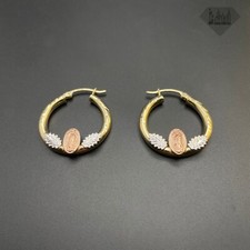 14K Gold Hoop Earrings Tri Color Virgin Mary 30MM Hoop Earrings For Women Girls