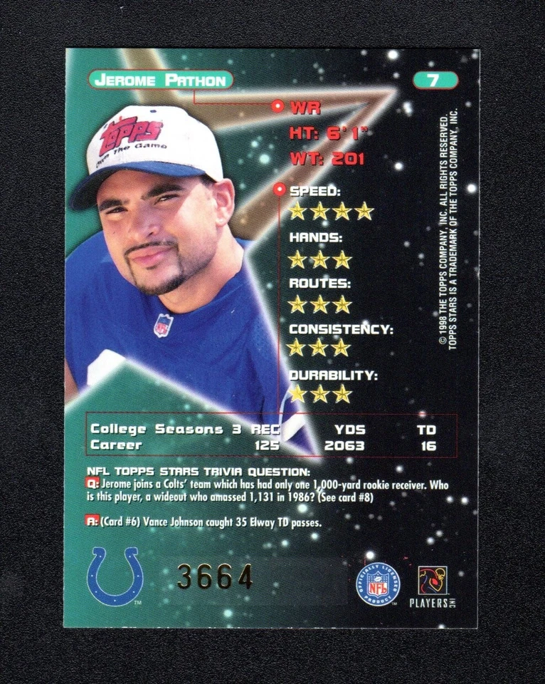 Jerome Pathon #7 Colts 1998 Topps Stars Red Error Missing 8799 Foil NR-MT Rare! - Image 2 of 2