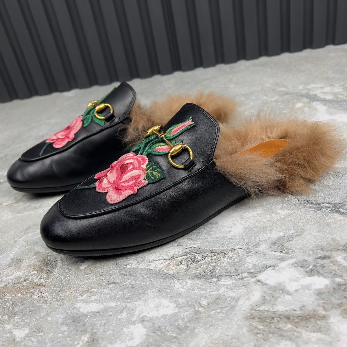 Gucci Princetown Horsebit Slipper Fur Mule Embroid Black Leather 8