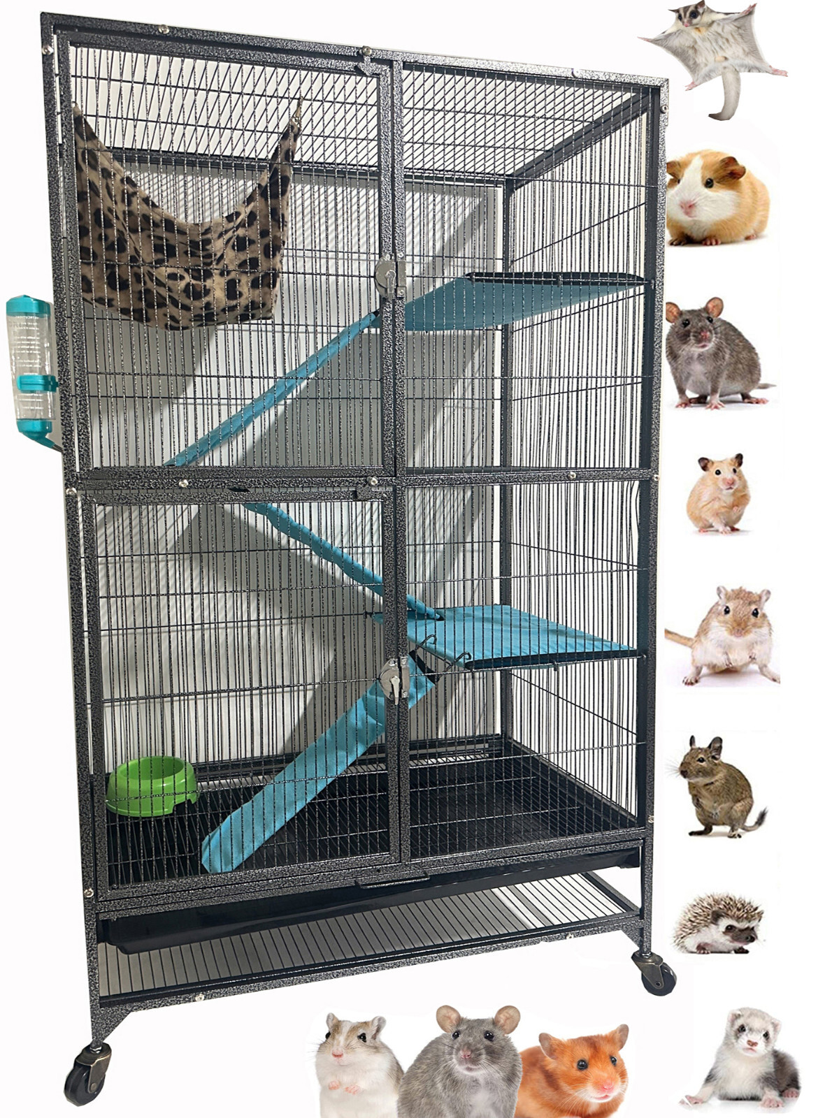 Double Unit XLARGE Rolling Cage 1/2-inch Bar Ferret Chinchilla Rat Mice Squirrel