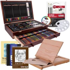 163pc Art Drawing Artist Paint Sketch Pencil Pastel Paper Crayons Easel Wood Box