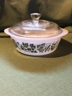 Vintage 1 Qt Glasbake Milk Glass Casserole Dish Herb Pattern Mid-Century Covered