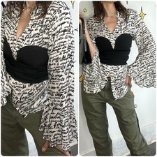Vintage Silk Black  White Art Print Blouse Poetcore Boho Pirate Fairy Grunge S