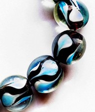 Handmade Lampwork Glass Beads 15 mm Lentil Blue Black 4 Beads a5s
