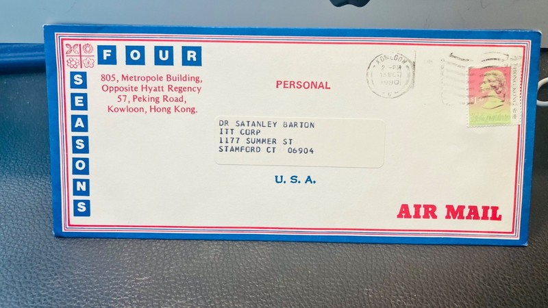 1990 Four Seasons Hotel Hong Kong airmail cover to Connecticut