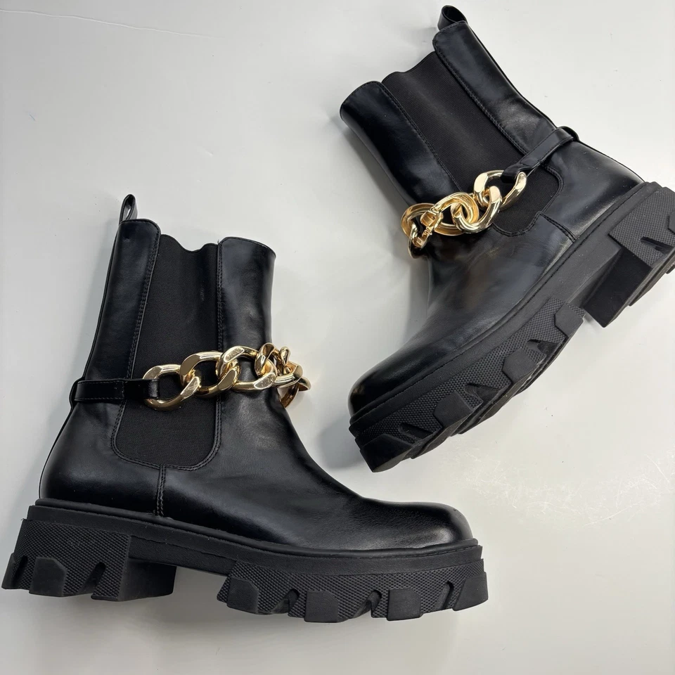 Liliana Black Platform Chunky Boots Gold Chain Women Size 8 Edgy Grunge Winter - Image 2 of 4