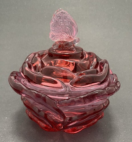 Fenton Red Opalescent Cabbage Rose Powder Jar With Butterfly Finial Lid Repaired