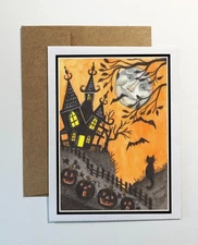 Halloween spooky scene with pumpkins,  notecard, featuring sweet black cat #1048